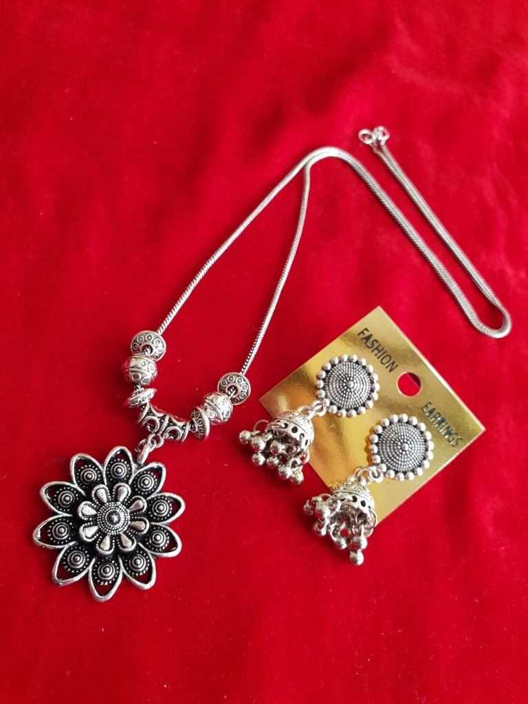 Oxidised Chain Necklace With Jhumka Earrings
