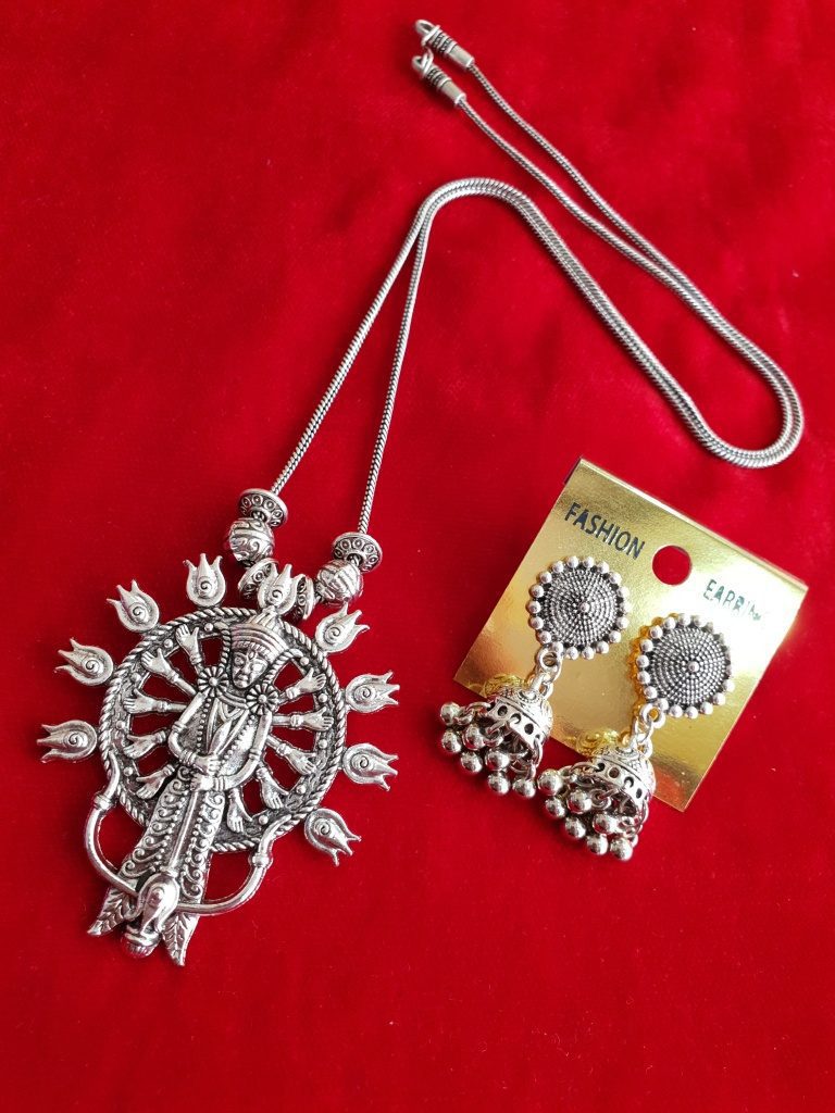 Oxidised Godress Durga Chain Necklace With Adorable Jhumka Earrings