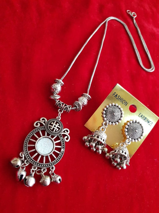Oxidised Pendent Chain Necklace With Jhumka Earrings