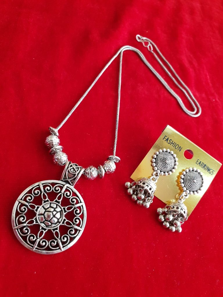 Oxidised German Silver Chain Necklace With Jhumka Earrings