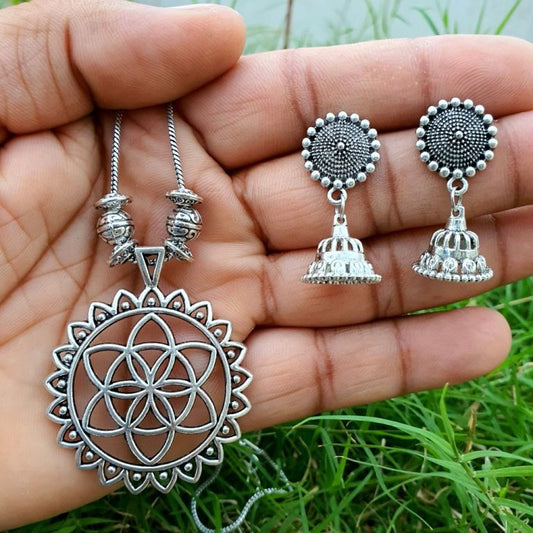 Silver Plated Oxidised Chain Necklace With Jhumka Earrings