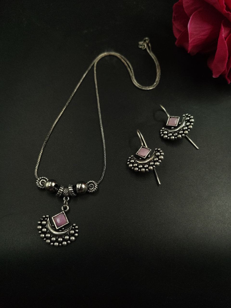 Silver Plated Brass Long Necklace Set with Earrings and Elegant Stone Work