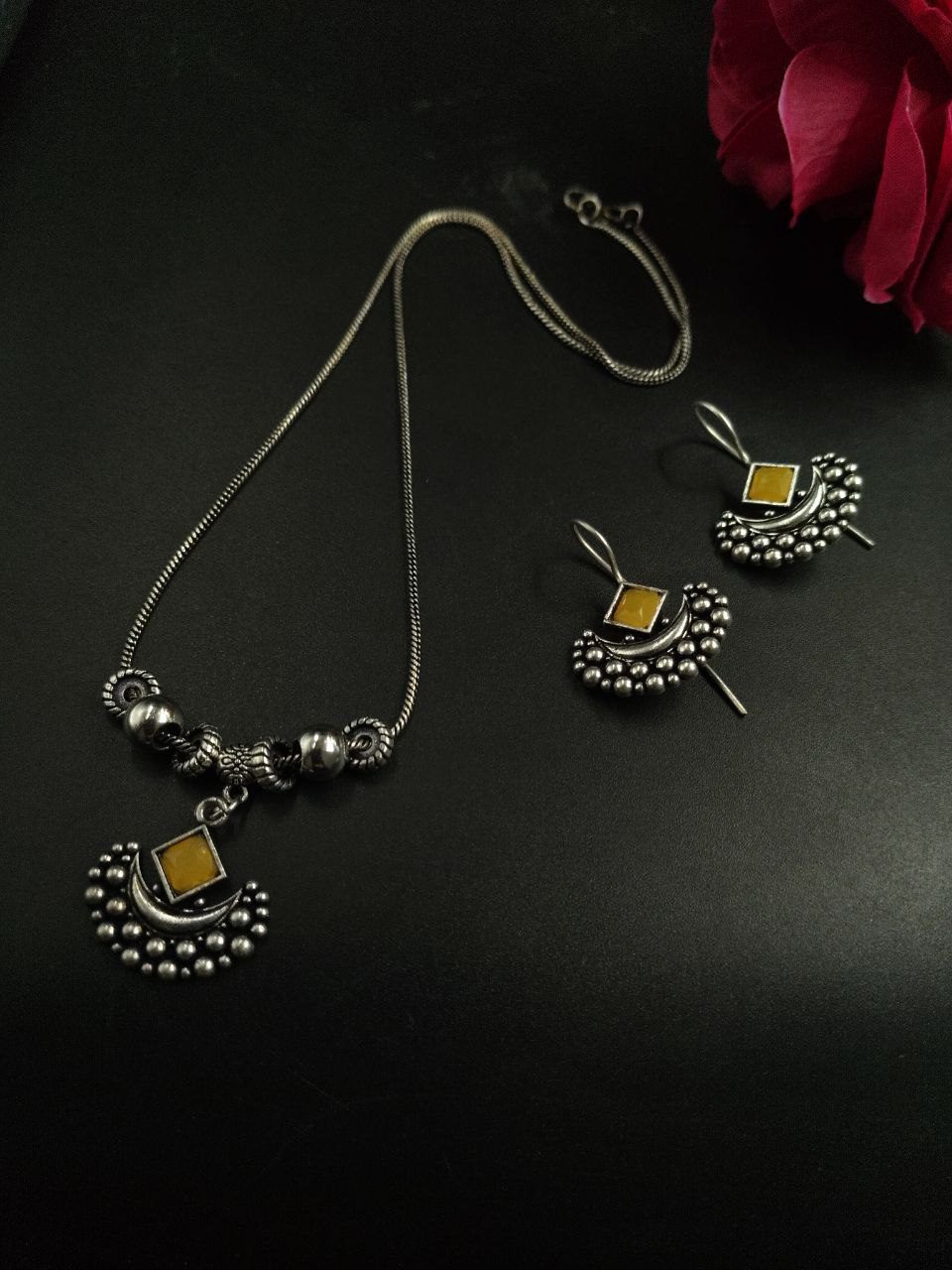 Silver Plated Brass Long Necklace Set with Earrings and Elegant Stone Work