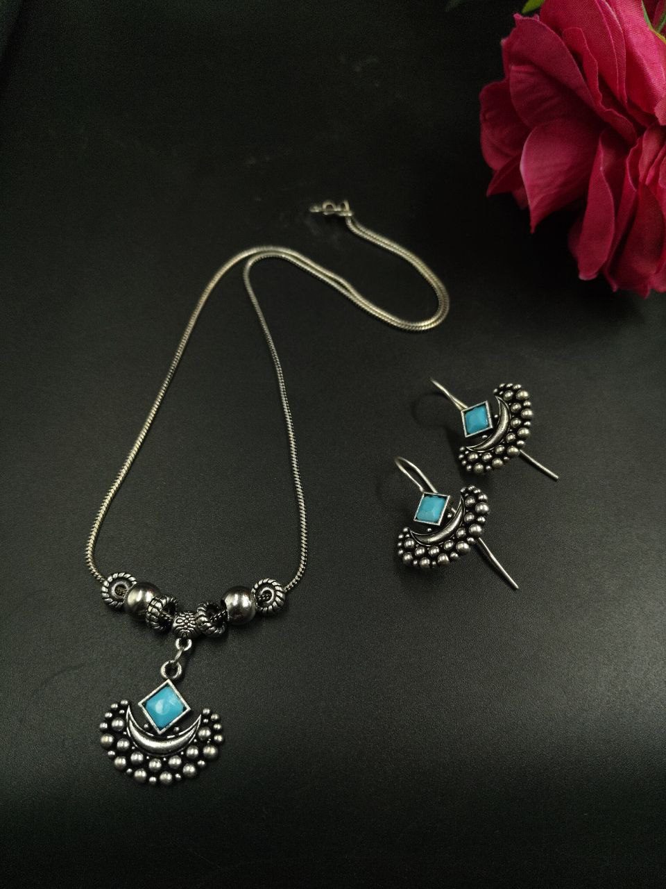 Silver Plated Brass Long Necklace Set with Earrings and Elegant Stone Work