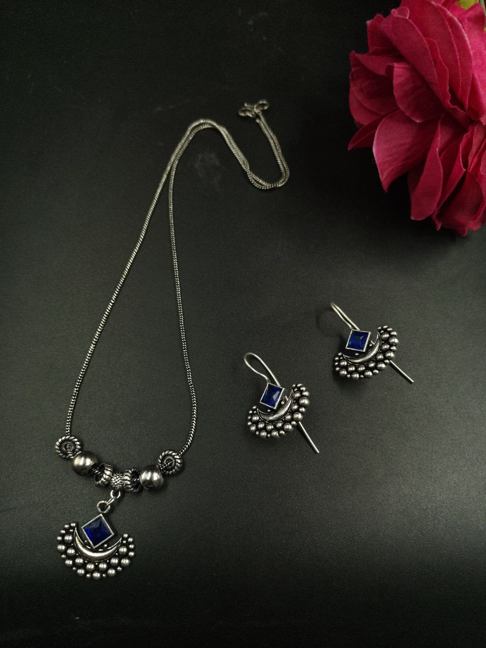 Silver Plated Brass Long Necklace Set with Earrings and Elegant Stone Work