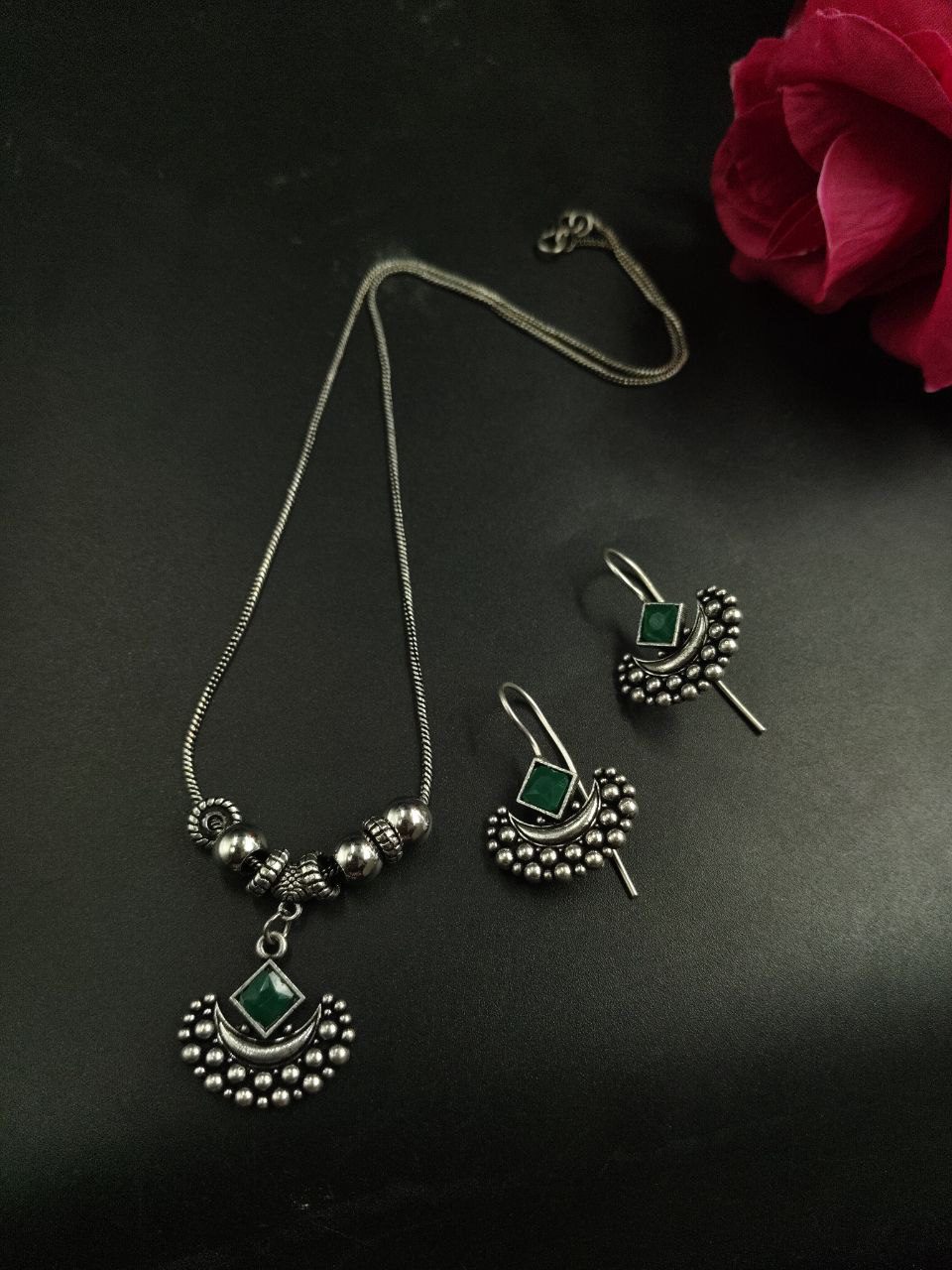 Silver Plated Brass Long Necklace Set with Earrings and Elegant Stone Work