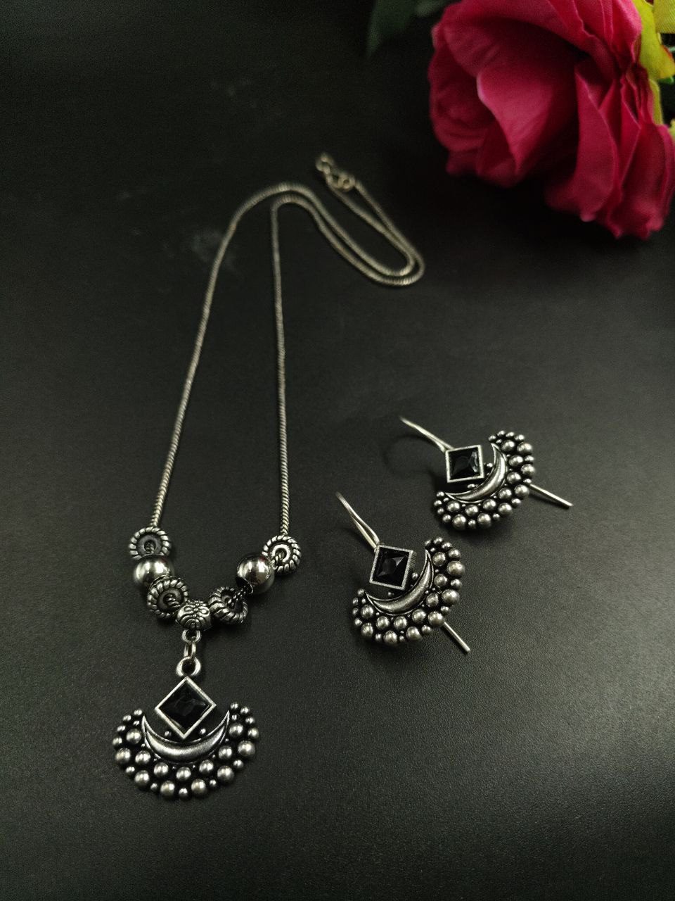 Silver Plated Brass Long Necklace Set with Earrings and Elegant Stone Work