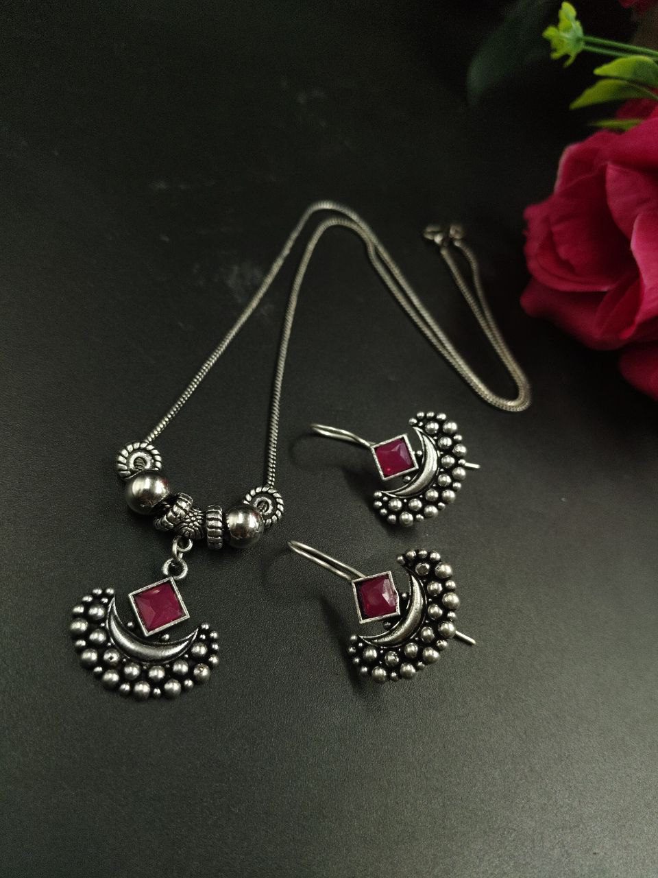 Silver Plated Brass Long Necklace Set with Earrings and Elegant Stone Work