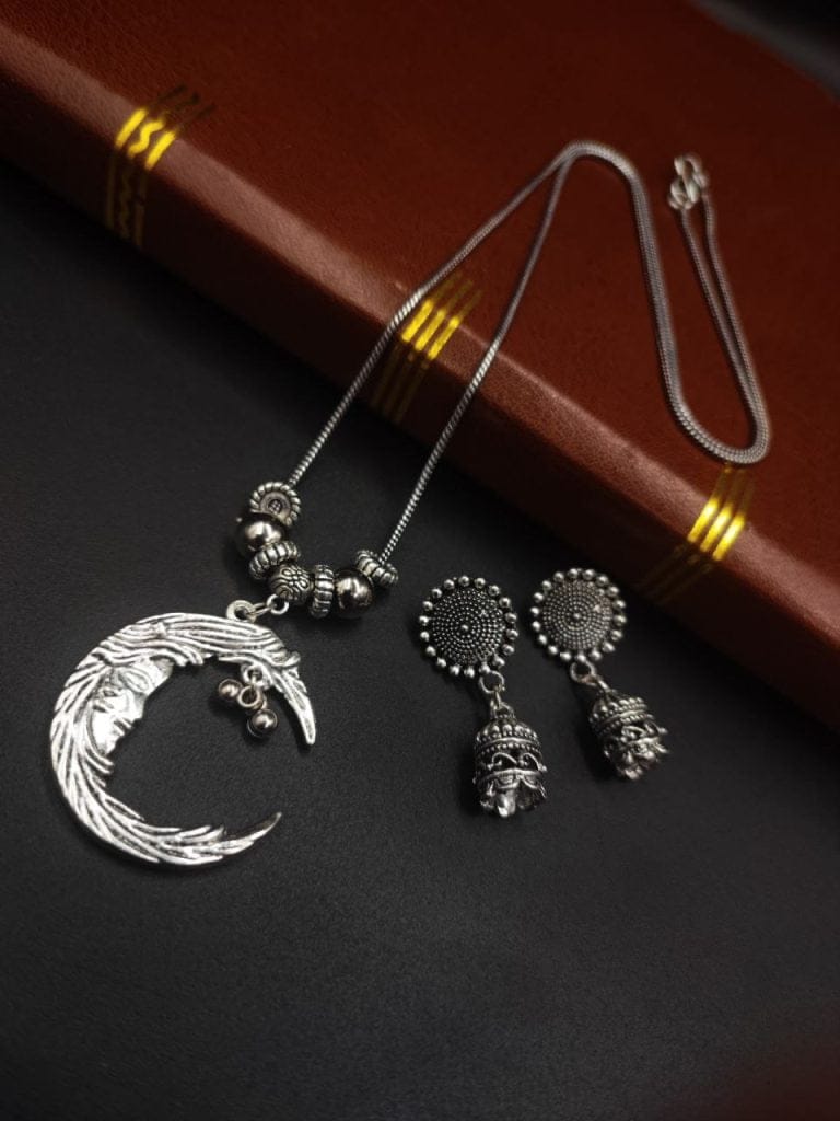 Affordable Oxidised Piece Of Moon Necklace With Jhumka Earrings