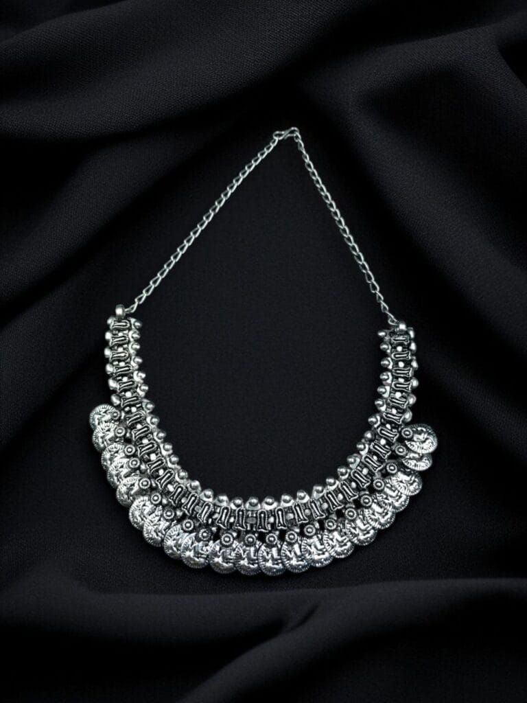 Silver Plated Oxidized Ganesha Coin Choker Necklace – Perfect for Traditional Outfits